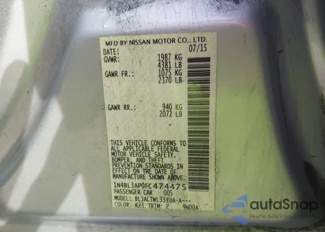 2015 Nissan Altima 3.5 S/3.5 Sl/3.5 Sv from USA, damaged, VIN 1N4BL3AP0FC474475